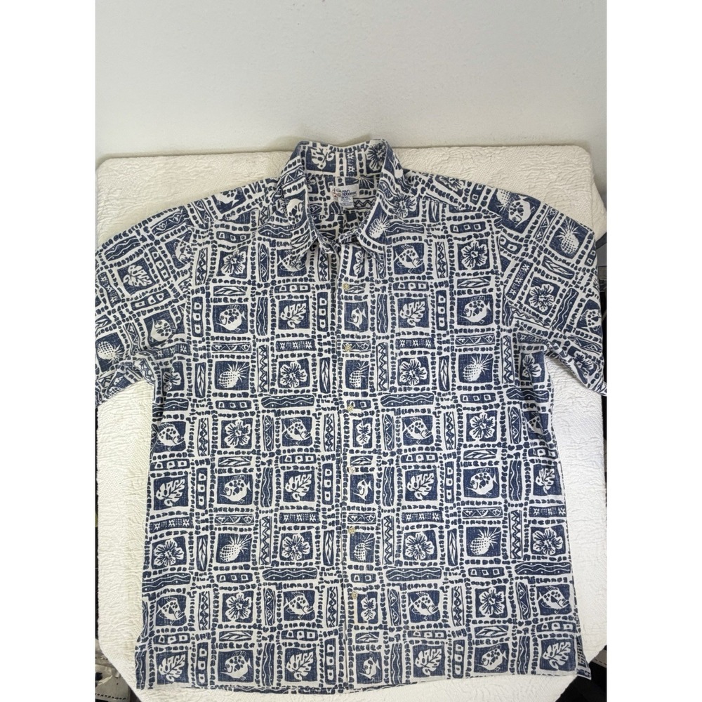 Vintage Reyn‎ Spooner Reverse Print Hawaiian Shirt Blue White Fish Hibiscus 3XL
